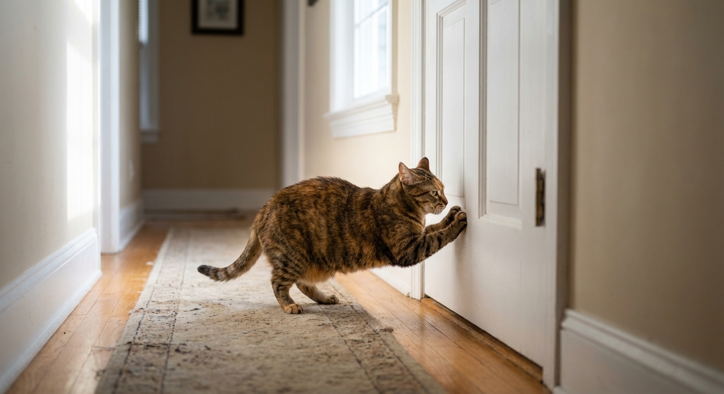 A domestic shorthaired cat scratching at a closed interior door in a home hallway, natural light, candid photography
