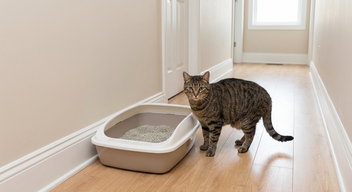 A domestic shorthaired cat standing beside a clean litter box in a quiet hallway