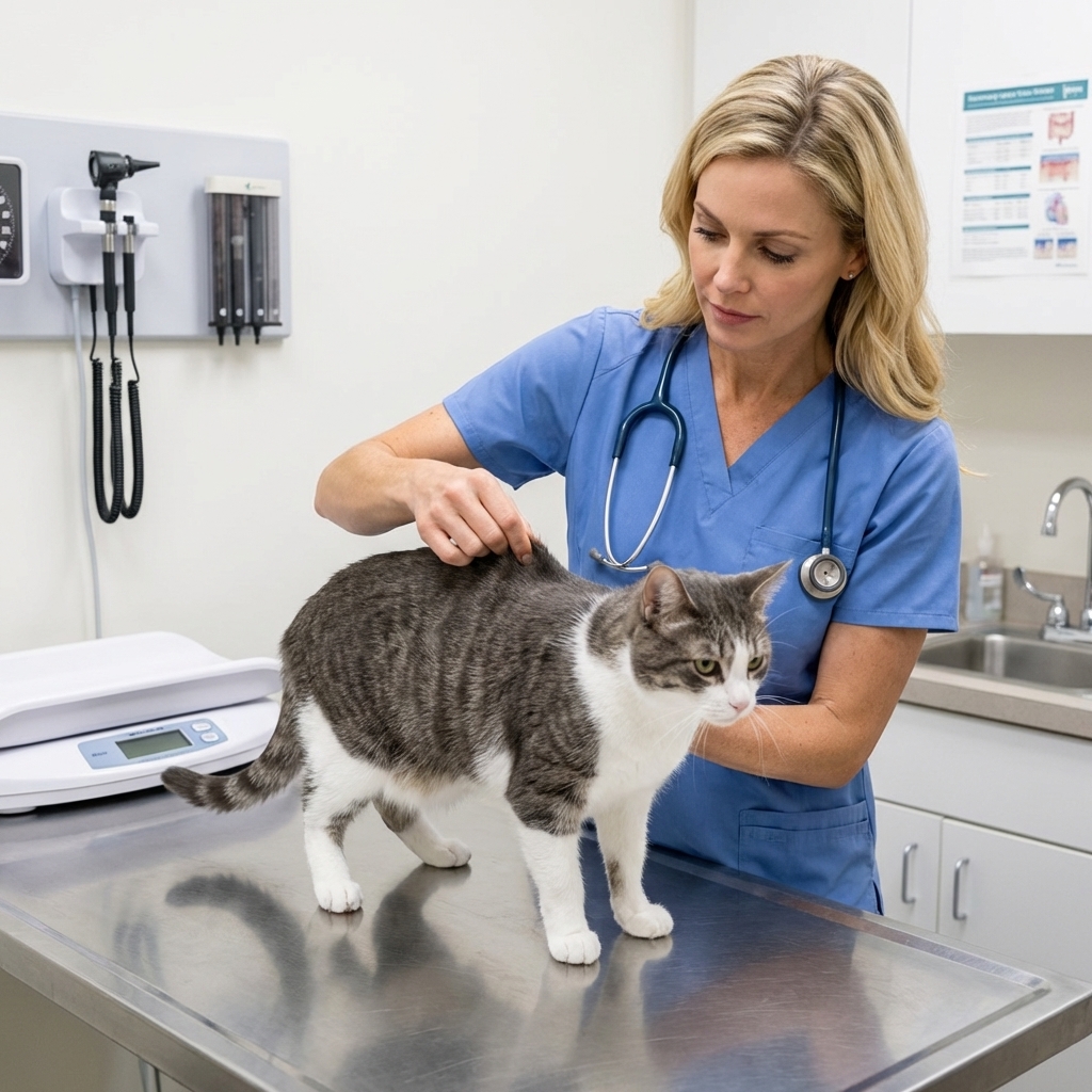 A domestic shorthaired cat standing on a stainless steel exam table in a veterinary exam room while a veterinarian gently lifts the cat’s skin to assess fragility, realistic clinical photograph