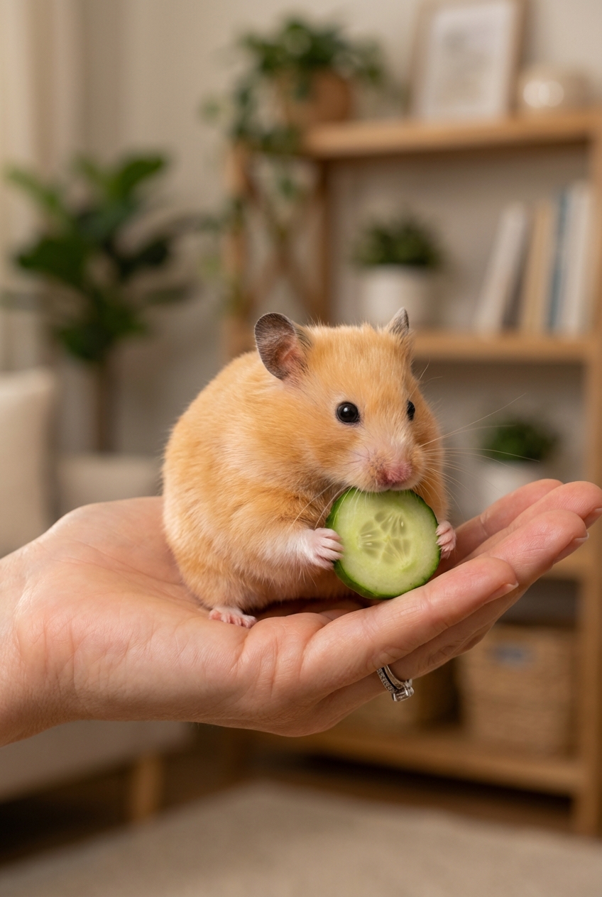 A dwarf hamster holding a small piece of cucumber while sitting in a person’s open palm under soft indoor lighting