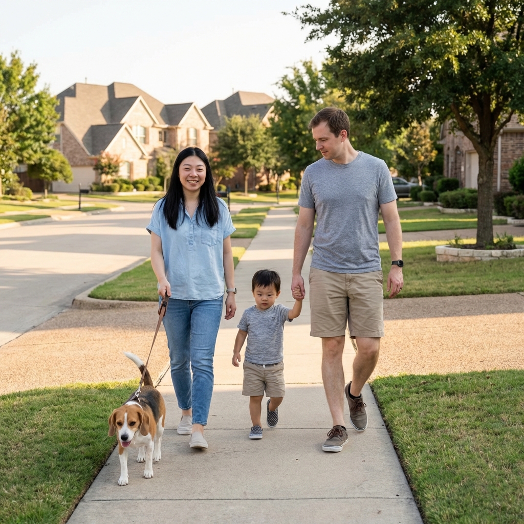 A family gently walking a small dog on a leash in a quiet neighborhood