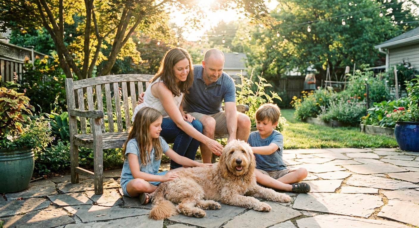 A family sitting on a backyard patio petting a medium-sized doodle dog resting calmly at their feet, warm late afternoon sunlight, photorealistic