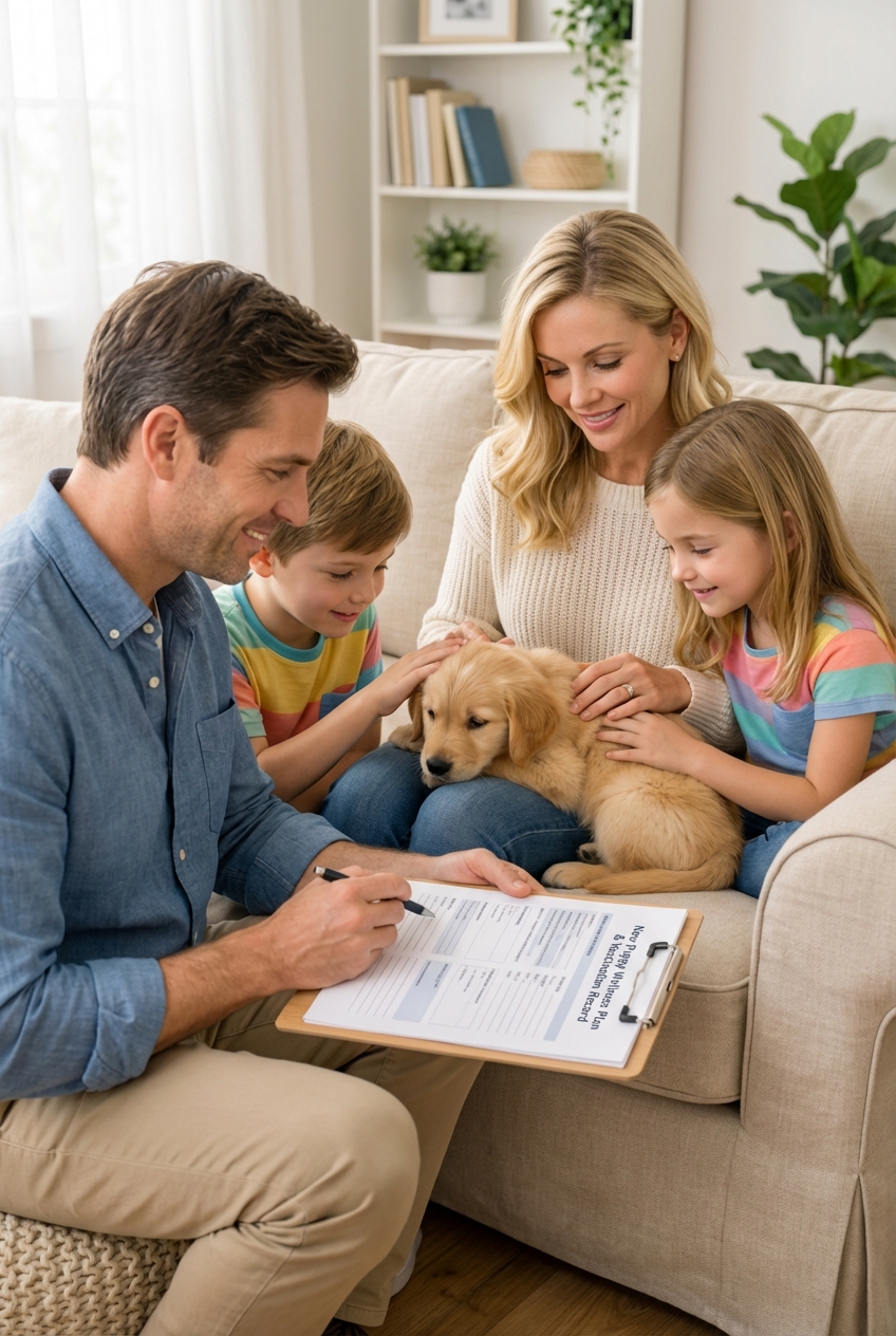 A family sitting on a couch at home gently petting a new puppy while reading paperwork on a clipboard