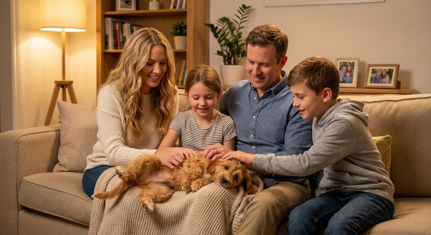 A family sitting on a living room couch gently petting a small Corgipoo while the dog relaxes, warm indoor lighting, photorealistic lifestyle photography