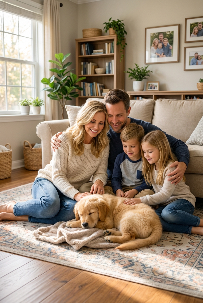 A family sitting on a living room floor with a relaxed puppy resting near them