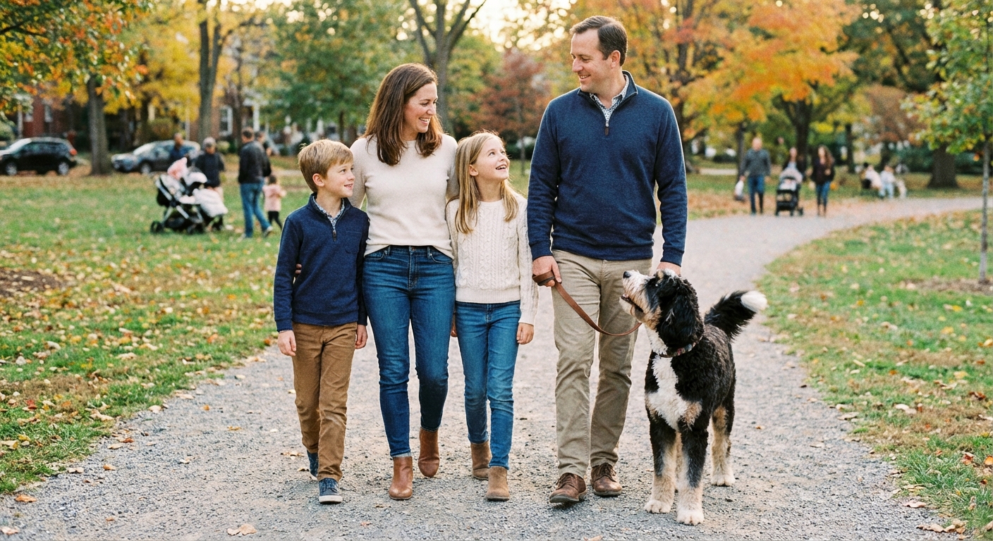 A family walking a Bernedoodle on a leash in a neighborhood park, showing calm manners and engagement
