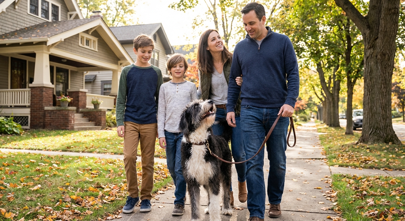 A family walking a Bordoodle on a leash in a suburban neighborhood, the dog looking up attentively