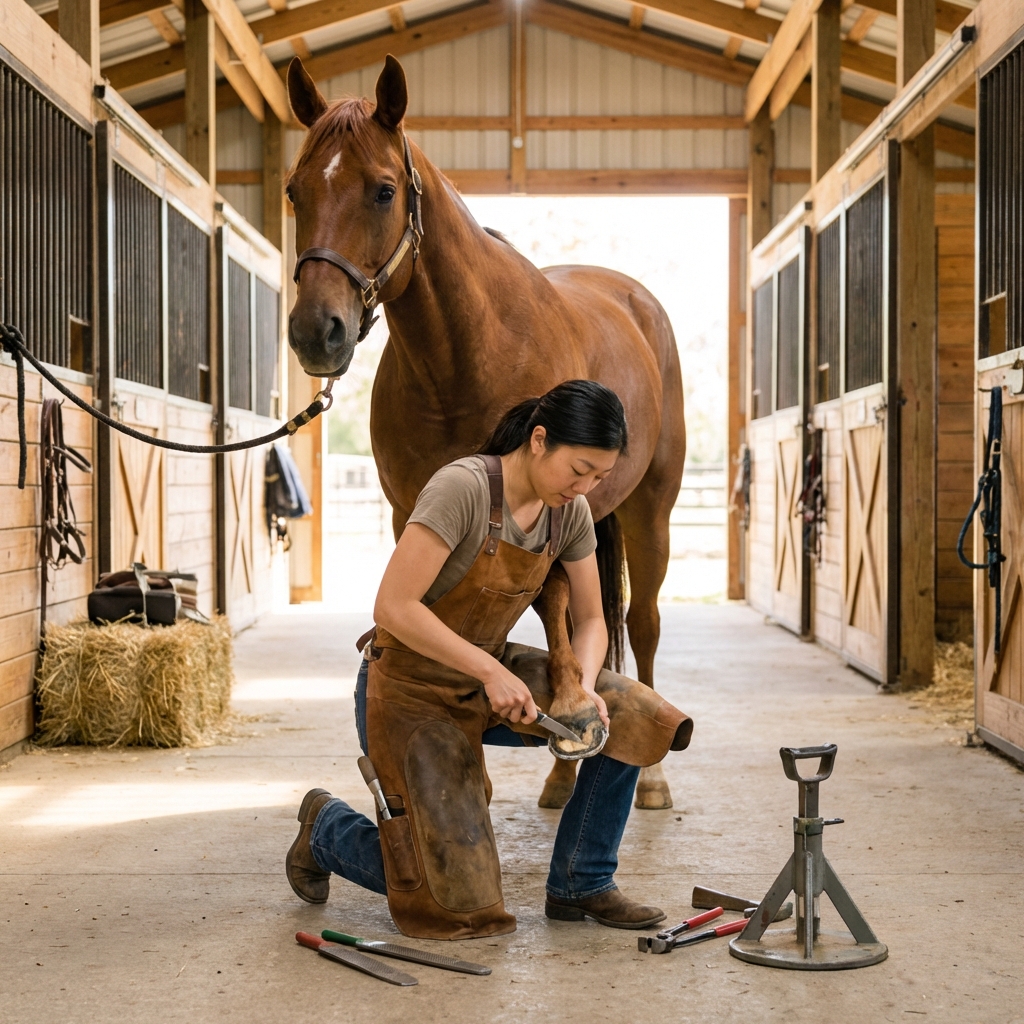 A farrier holding a horse’s front hoof during a trim in a barn aisle