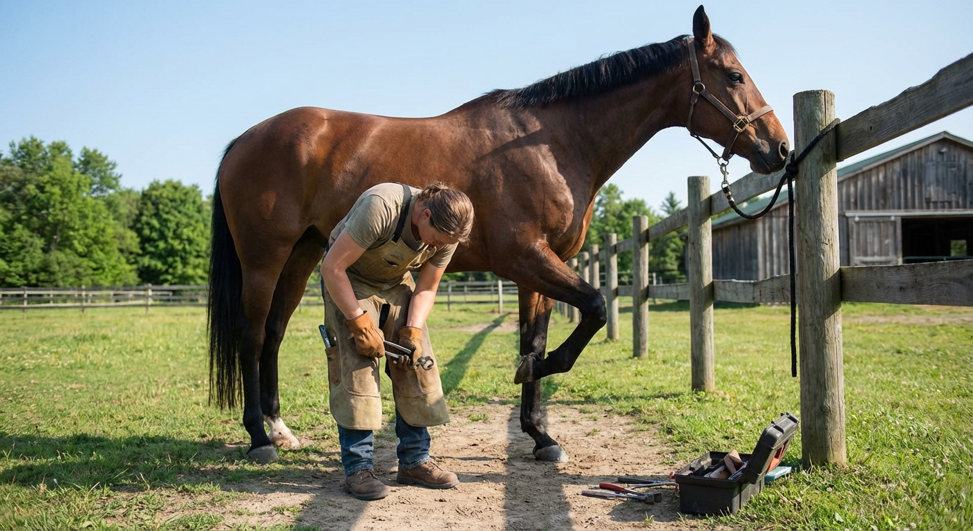 A farrier trimming a horse's hoof outdoors on a calm day
