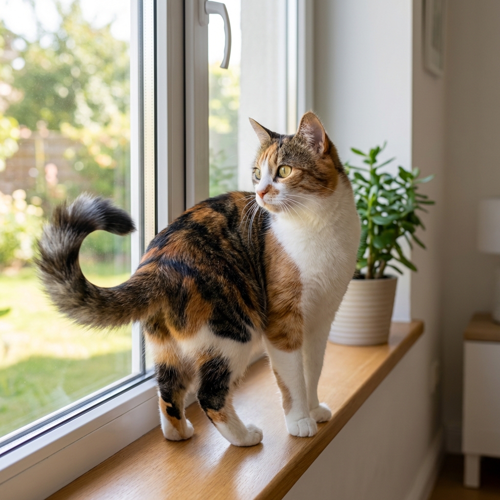 A female cat standing indoors with her tail held to the side while looking toward a window