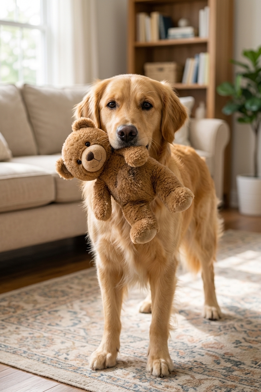 A female dog gently holding a stuffed toy in her mouth while standing in a living room, looking attentive and protective, realistic indoor pet photo