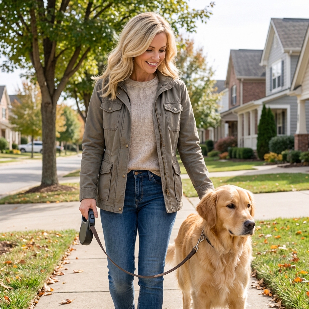 A female dog on a leash during a neighborhood walk with an attentive owner holding the leash handle