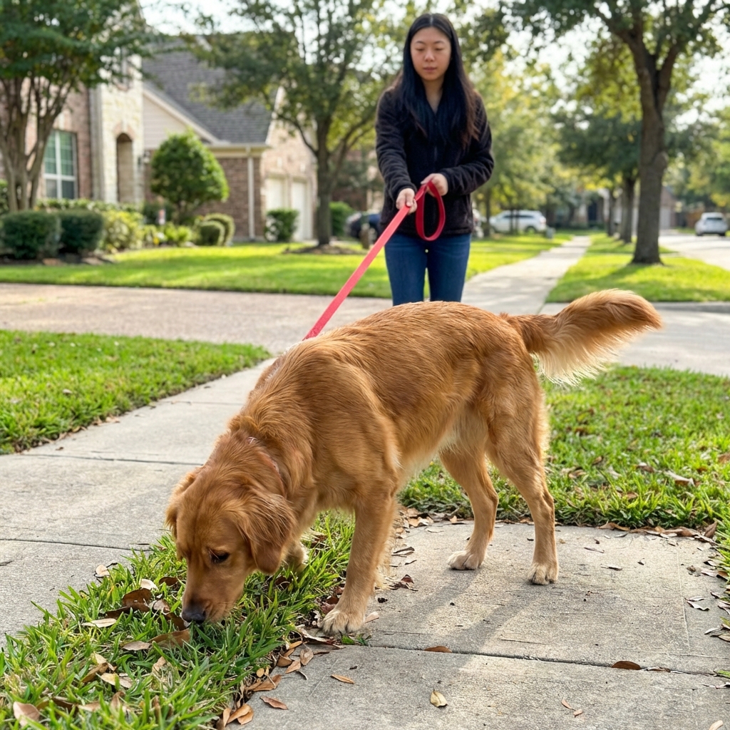 A female dog on a leash outdoors sniffing the ground with focused attention during a neighborhood walk