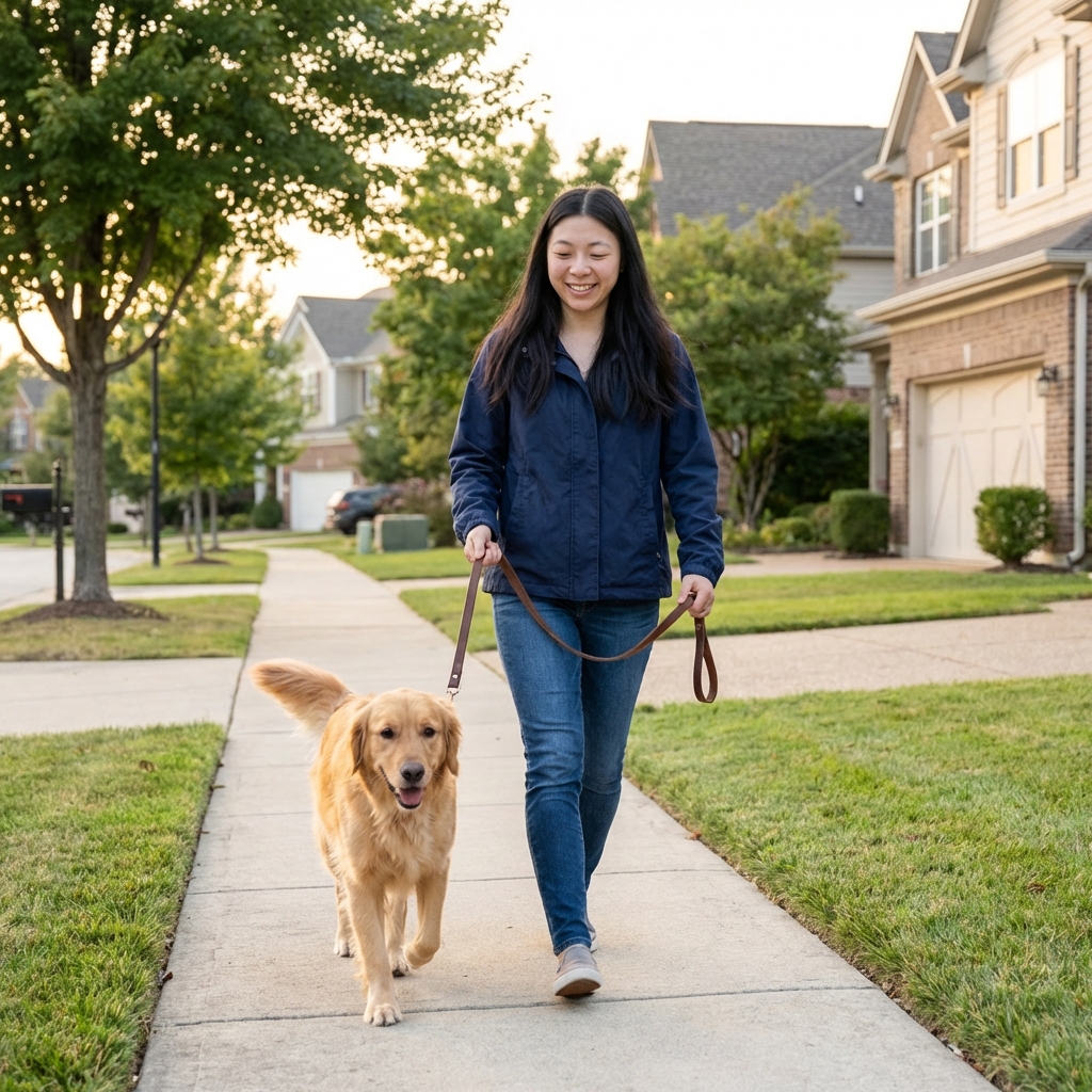 A female dog on a leash walking beside her owner on a quiet neighborhood sidewalk