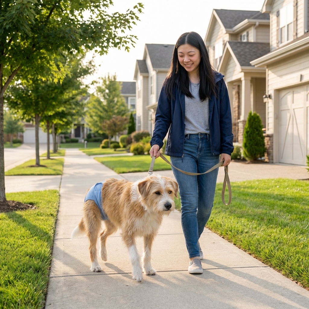 A female dog on a leash walking calmly beside her owner on a quiet neighborhood sidewalk