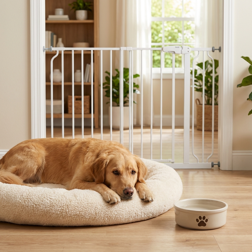 A female dog resting in a baby-gated room with a bed and water bowl