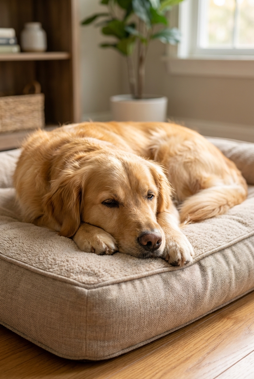 A female dog resting on a dog bed with a calm, sleepy expression
