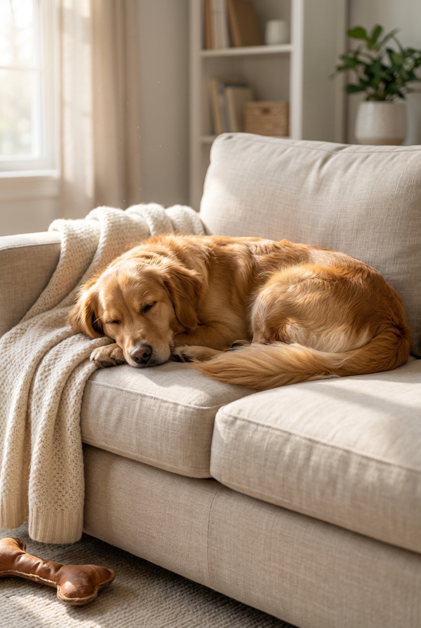 A female dog sleeping peacefully on a sofa with a soft blanket