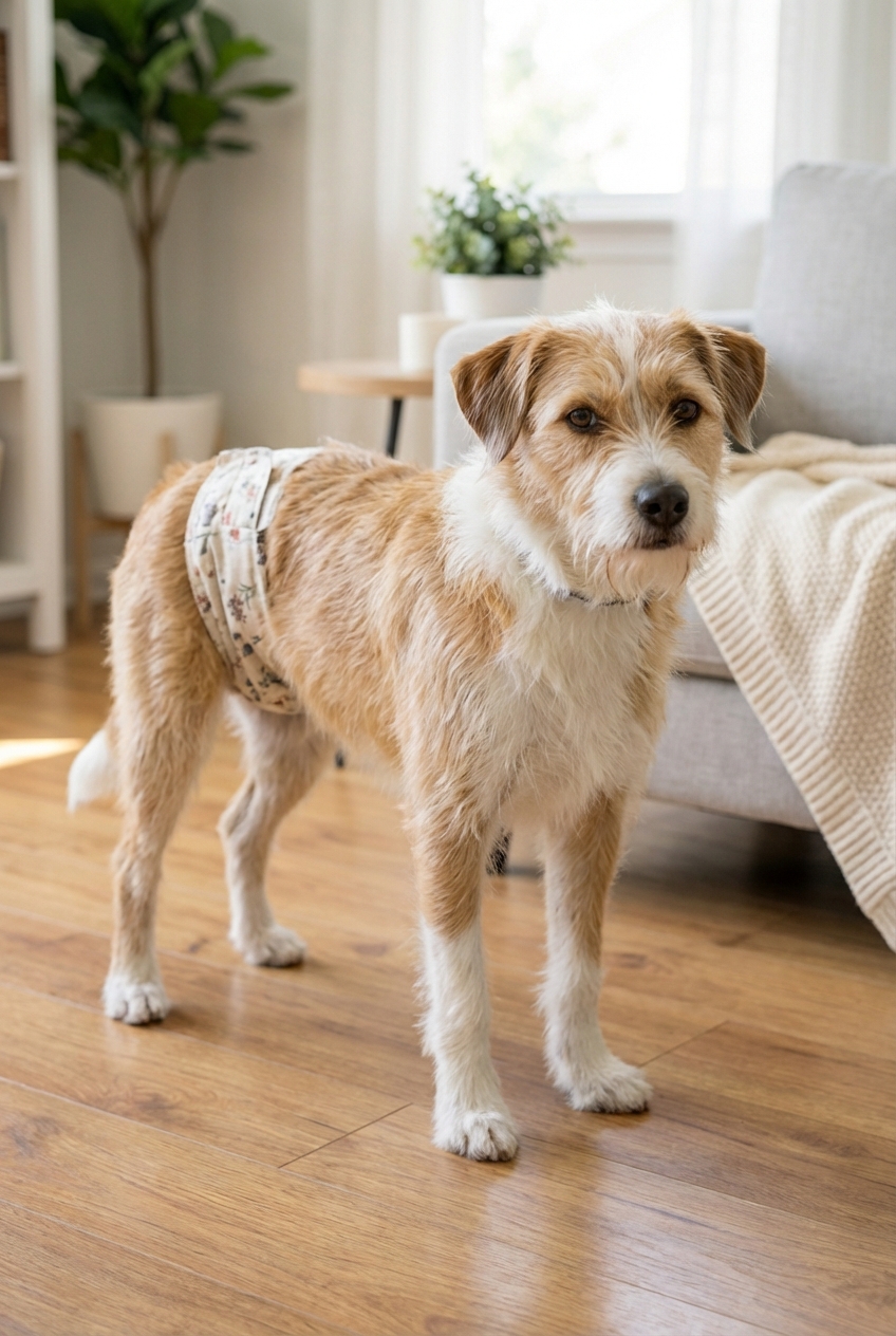 A female dog wearing a simple dog heat diaper indoors while standing on a hardwood floor