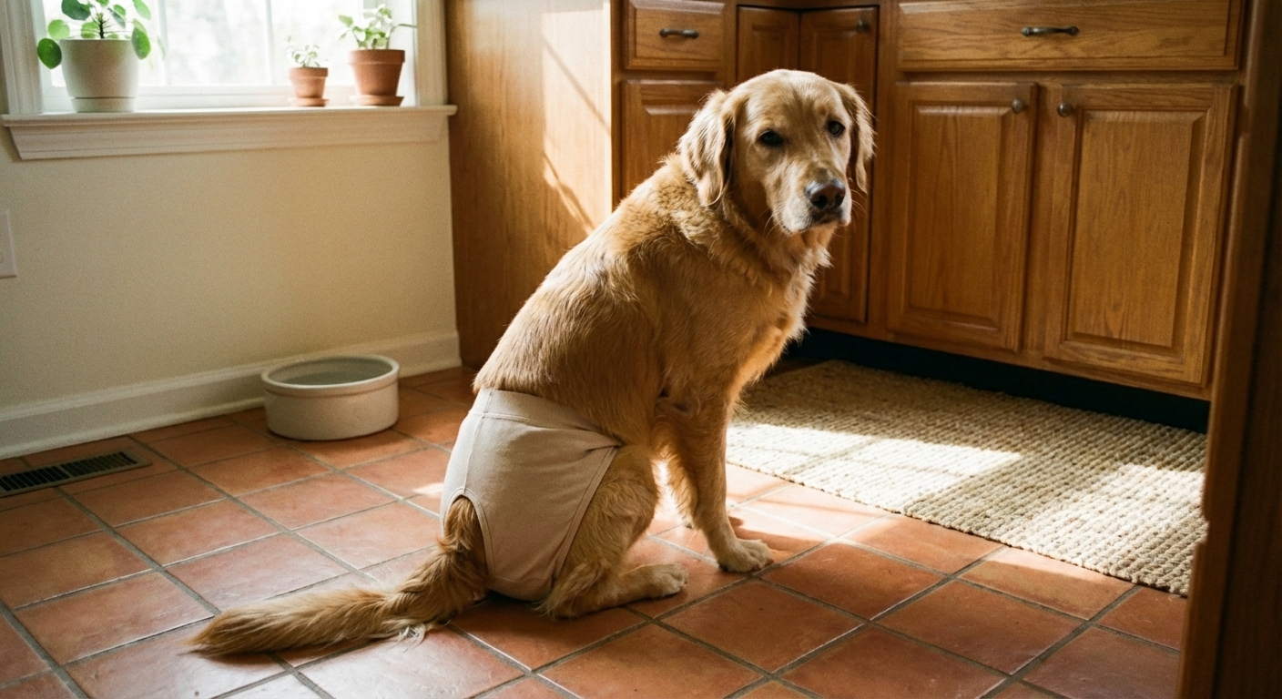 A female dog wearing dog heat pants sitting calmly on a tiled kitchen floor