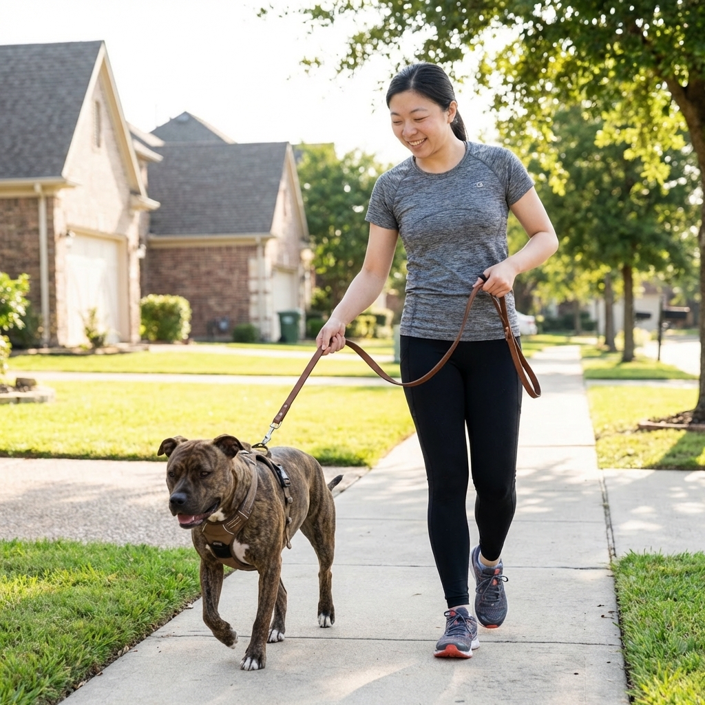 A fit American Pit Bull Terrier walking on a leash on a neighborhood sidewalk