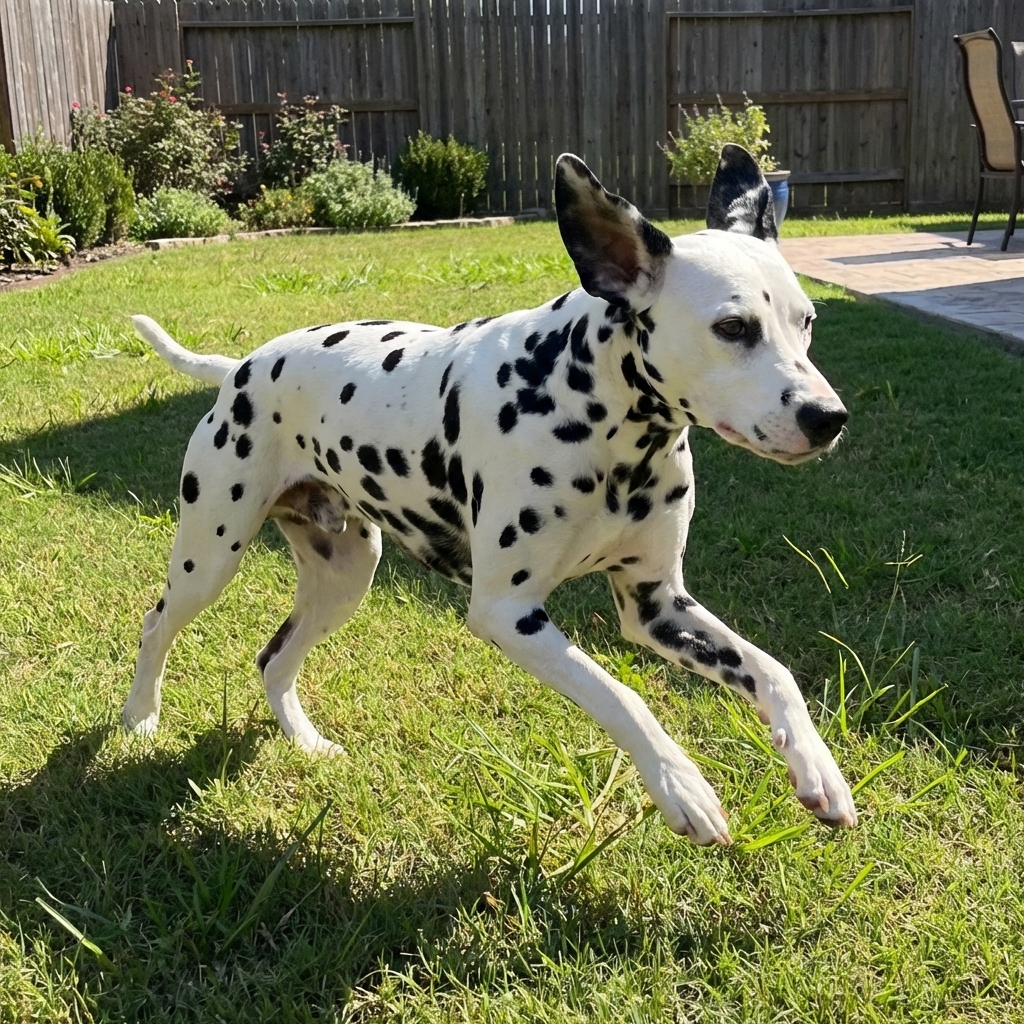 A fit adult Dalmatian mid-run on a green backyard lawn in bright natural light, candid real-life photography style