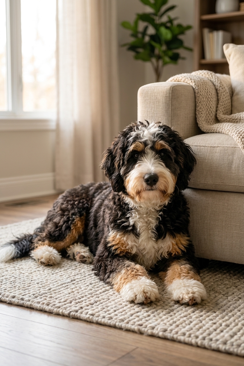 A fluffy Bernedoodle lying calmly on a living room rug near a couch with soft window light, realistic photography