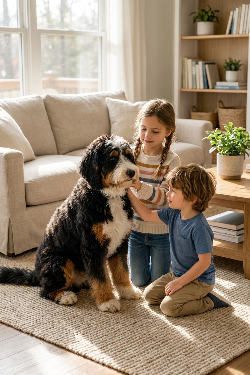 A fluffy Bernedoodle sitting calmly on a living room rug while two children gently pet the dog, natural indoor light, real photo style