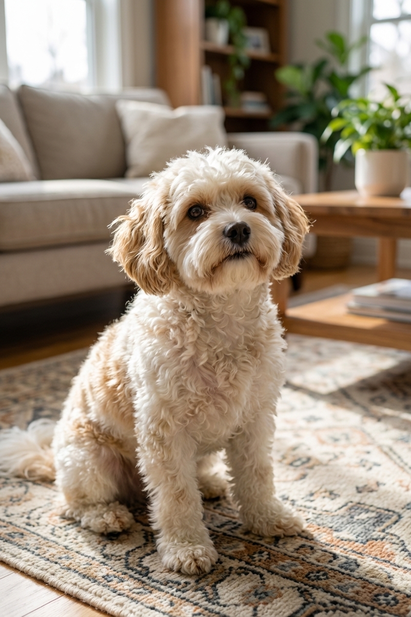 A fluffy Cavachon sitting on a living room rug, looking up with a relaxed expression
