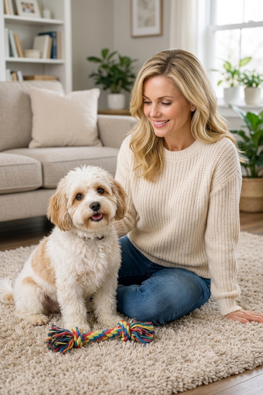 A fluffy Cavachon sitting on a living room rug next to a chew toy