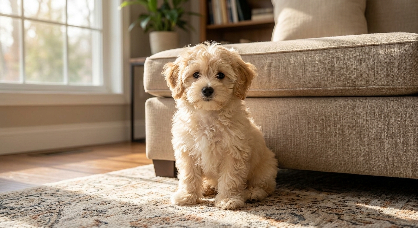 A fluffy Havapoo puppy sitting on a living room rug near a sofa in natural window light, realistic photography style