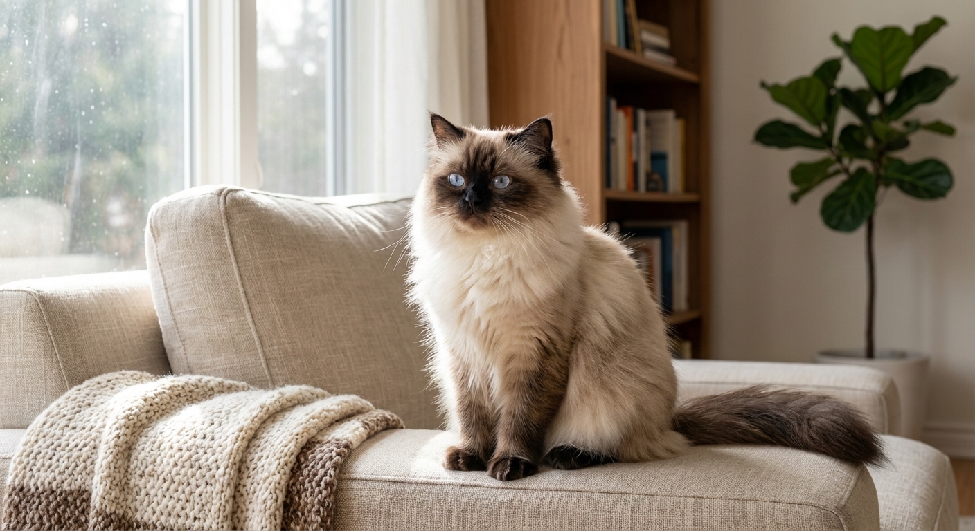 A fluffy Himalayan cat with blue eyes sitting calmly on a living room sofa in natural window light, photorealistic indoor pet photography