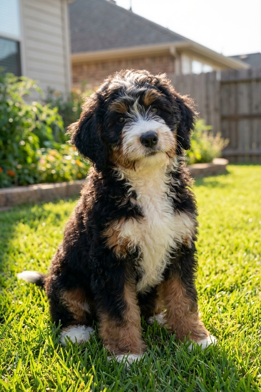 A fluffy Mini Bernedoodle puppy sitting on green grass in a sunny backyard, looking toward the camera with a relaxed, curious expression, photorealistic