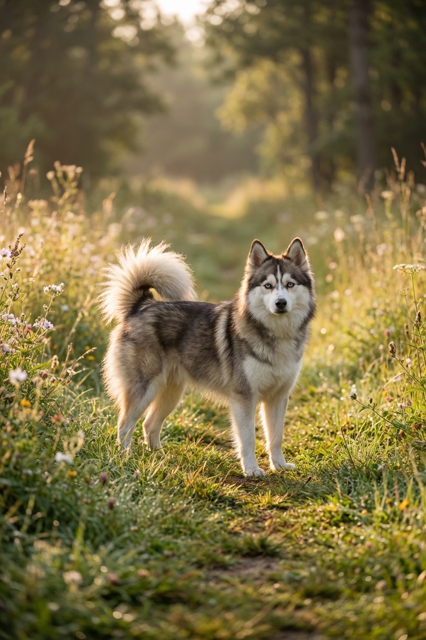 A fluffy Pomsky standing on a grassy trail in soft morning light