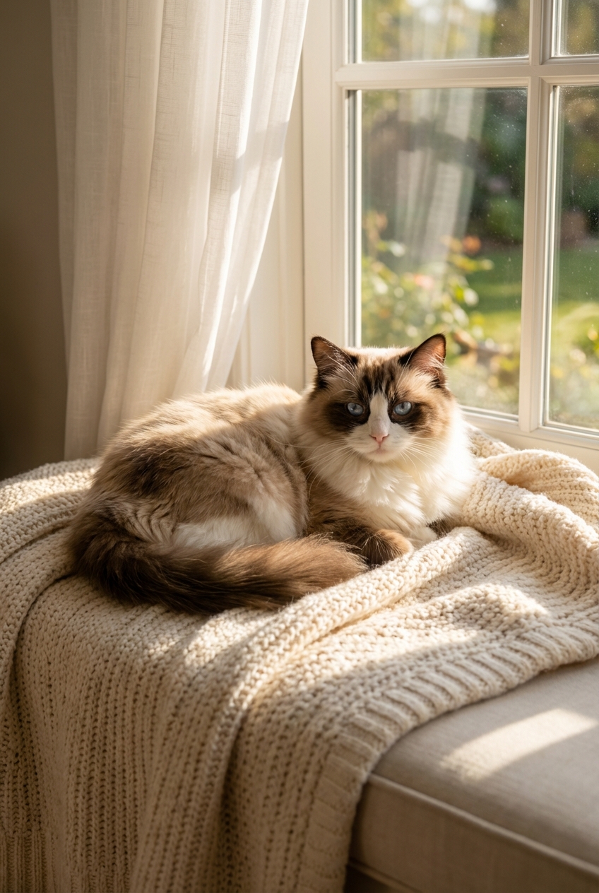 A fluffy Ragdoll cat lounging on a soft blanket near a sunny window