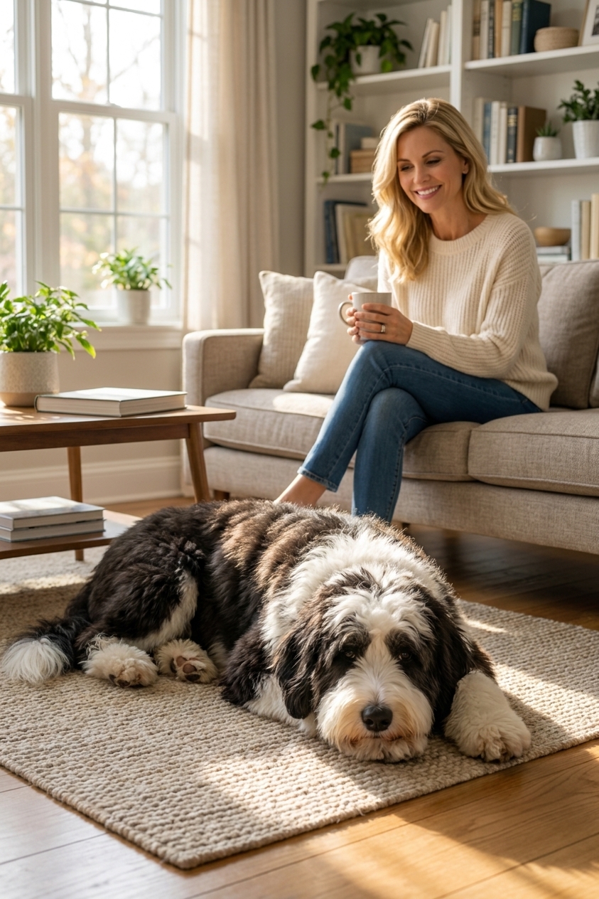 A fluffy Sheepadoodle lying calmly on a living room rug while a family relaxes on a couch in the background, natural light, real photo style