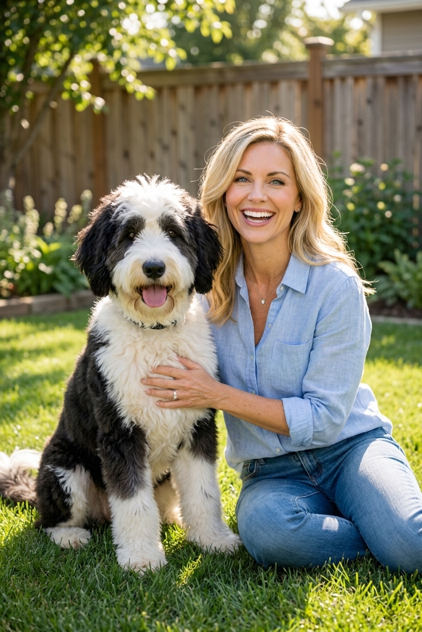 A fluffy adult Sheepadoodle sitting calmly on green grass in a sunny backyard, real photography style