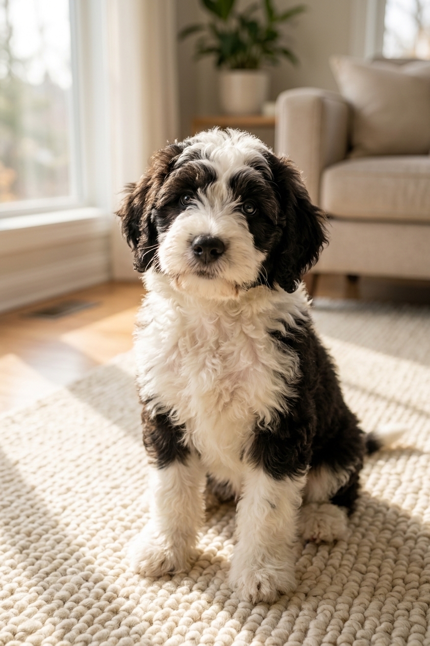 A fluffy black-and-white Sheepadoodle puppy sitting on a living room rug, looking up at the camera in natural window light, real photo