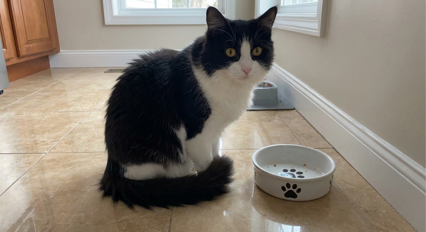 A fluffy black-and-white cat sitting beside an empty food bowl on a clean kitchen floor