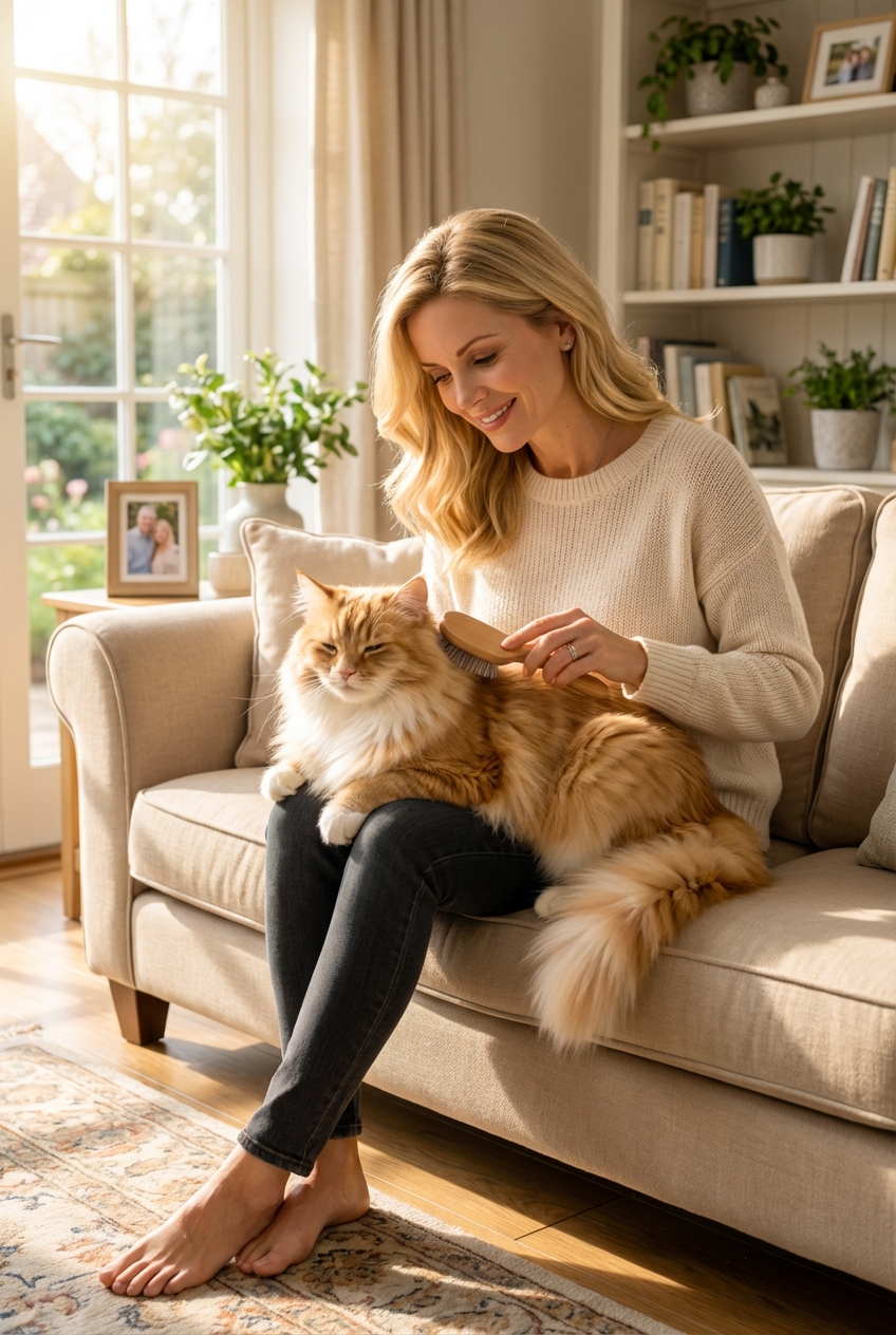 A fluffy cat being gently brushed with a grooming brush in a sunlit living room