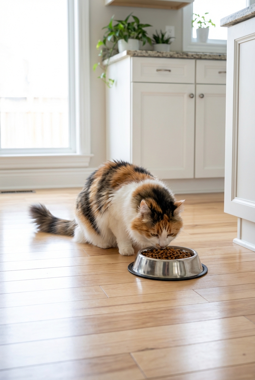 A fluffy cat eating from a stainless steel bowl on a clean kitchen floor