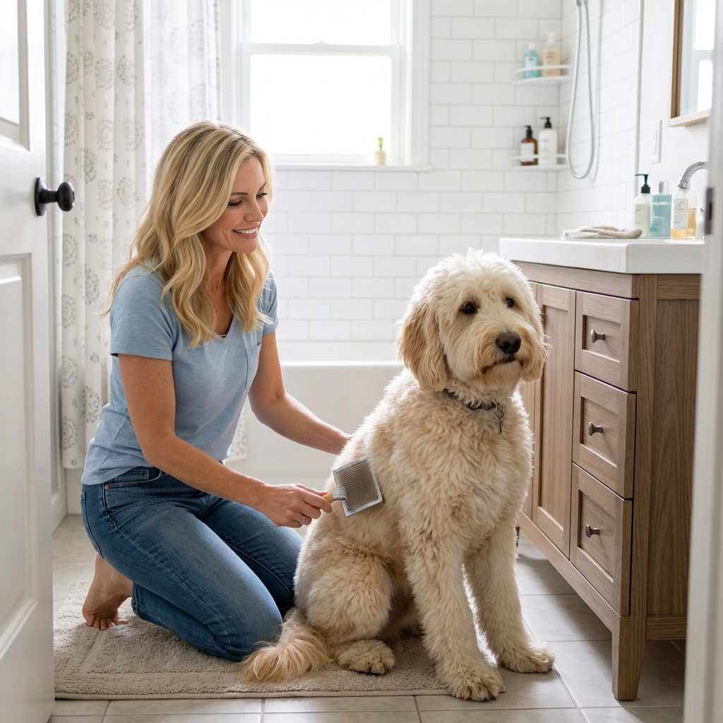 A fluffy designer mix dog sitting calmly while its owner brushes the fur around the hindquarters in a bathroom