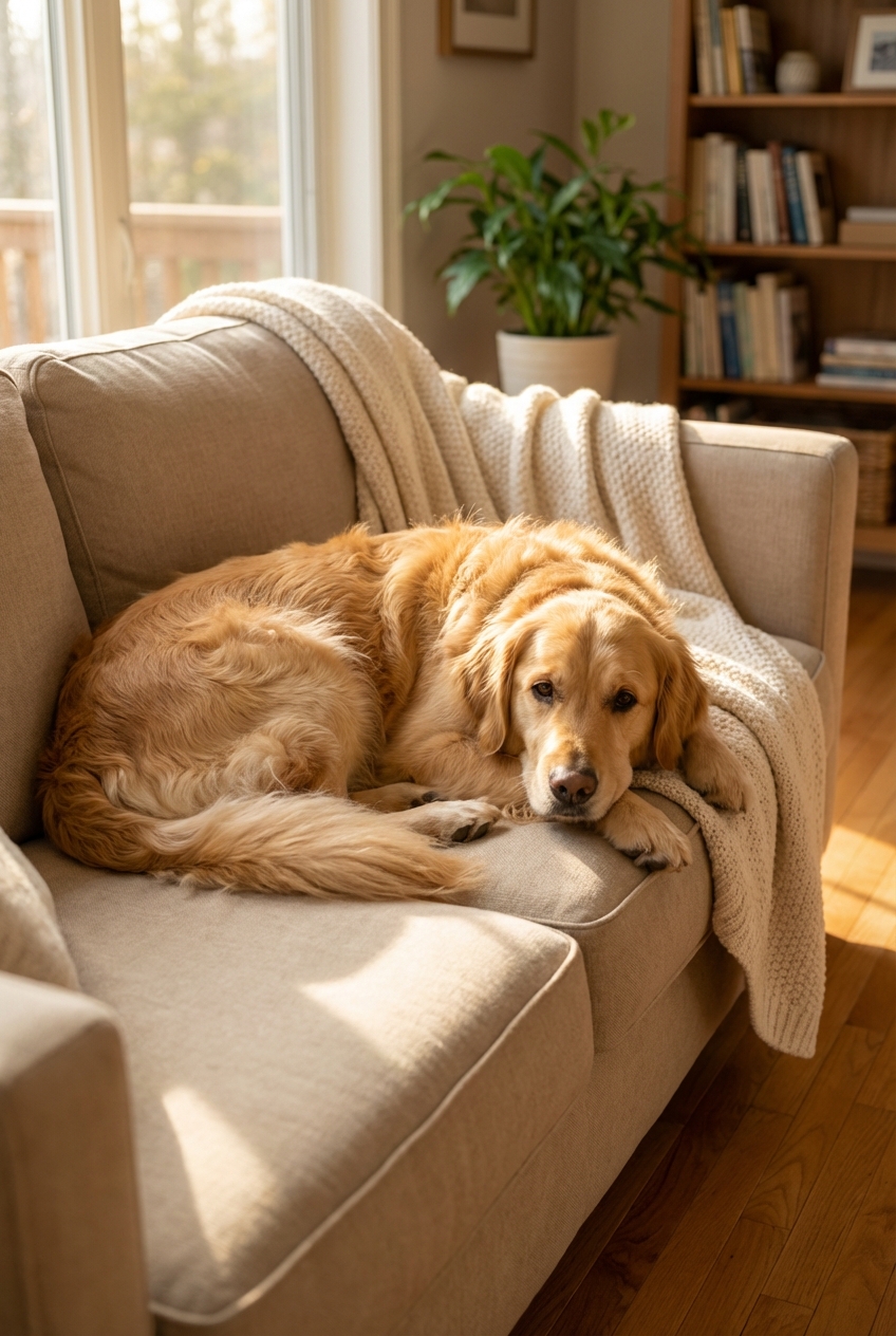 A fluffy dog lying on a couch with a soft blanket in a sunlit living room