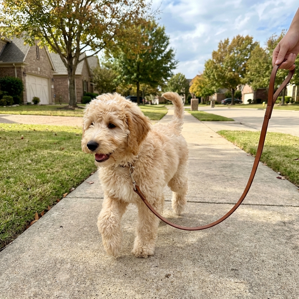 A fluffy doodle-mix puppy walking on a leash on a sidewalk in a quiet neighborhood