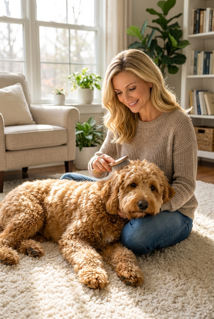 A fluffy doodle-type dog being gently brushed by an owner in a bright living room