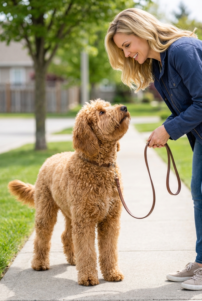 A fluffy doodle-type dog standing on a sidewalk looking up at an owner holding a leash