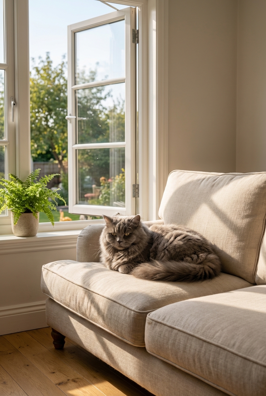 A fluffy-gray-cat resting on a sofa near an open window with daylight coming in
