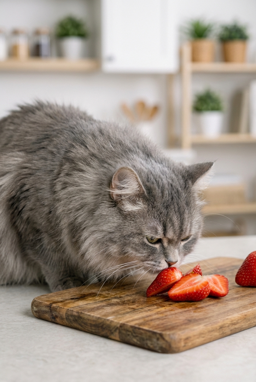 A fluffy gray cat sniffing a sliced strawberry on a wooden cutting board