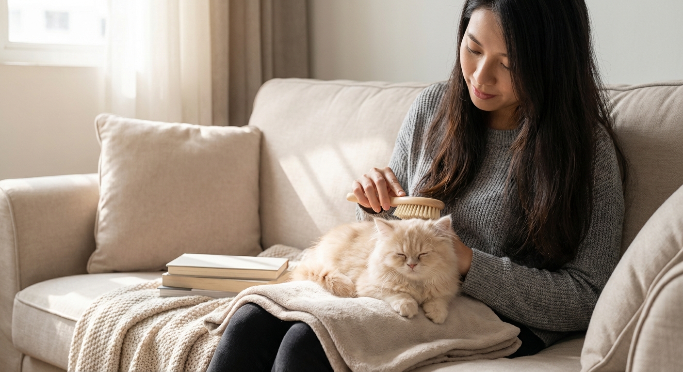 A fluffy kitten being gently brushed on a sofa