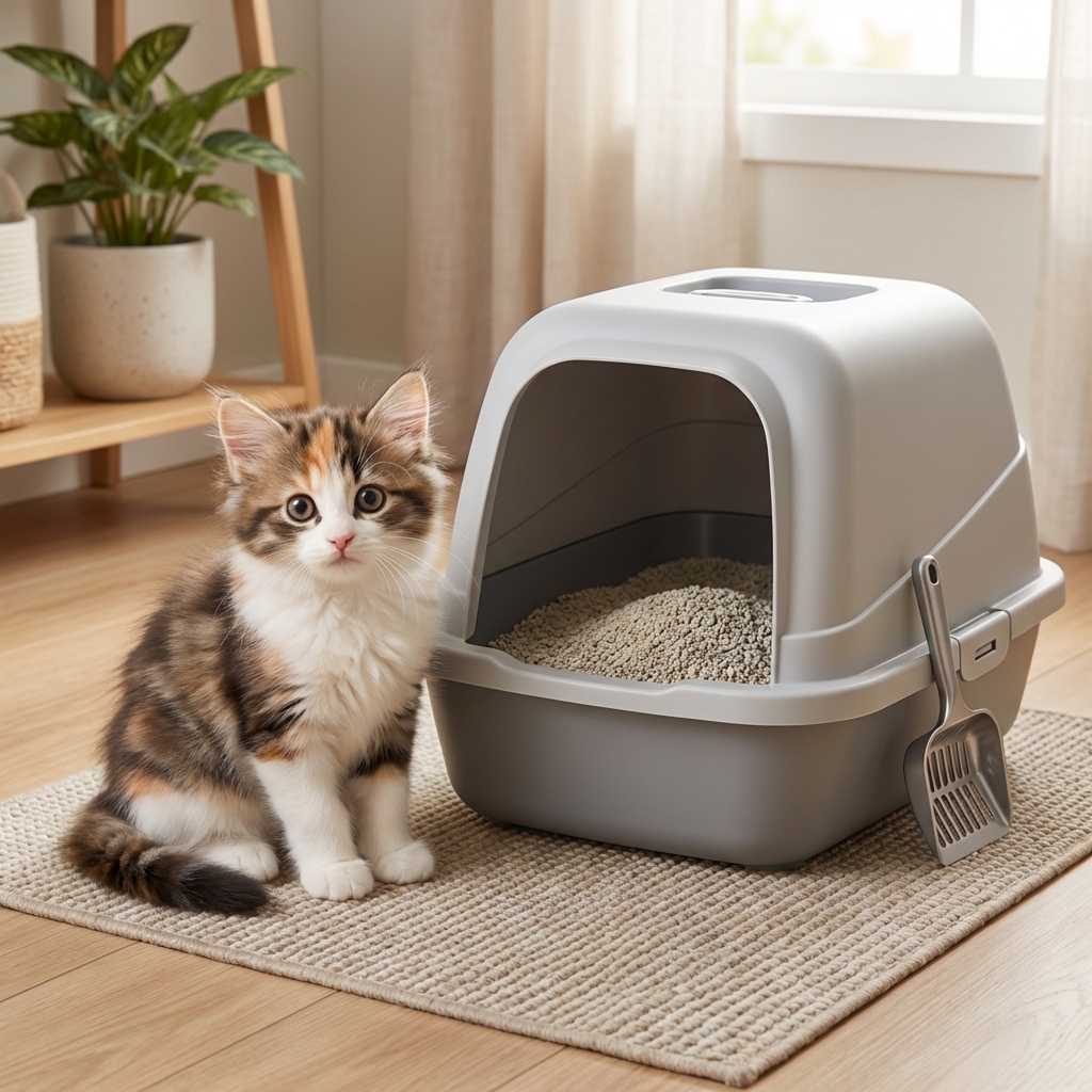 A fluffy kitten sitting beside a clean litter box in a quiet room